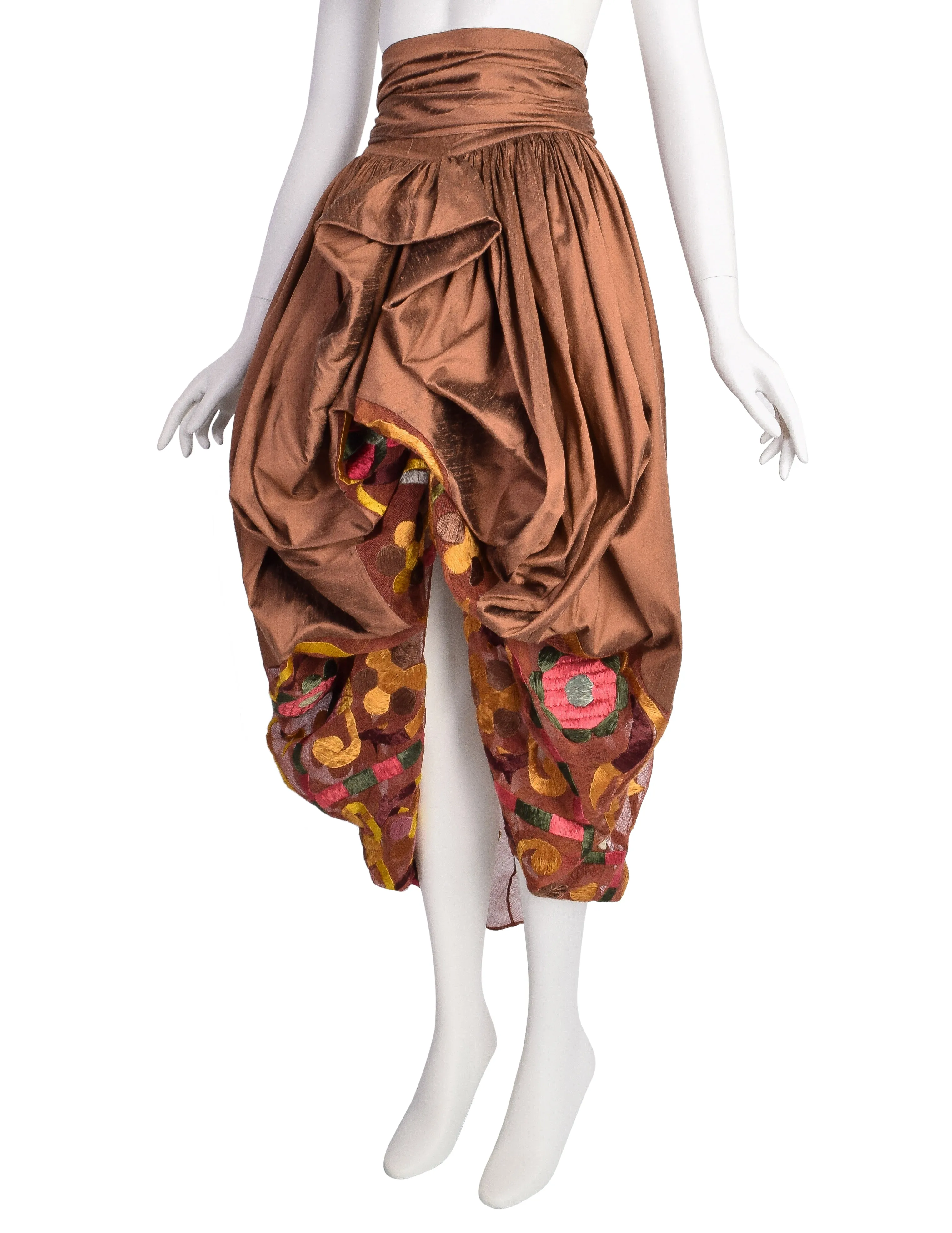 Romeo Gigli Vintage SS 1990 Important Bronze Silk Shantung Embroidered Floral Bubble Cocoon Skirt