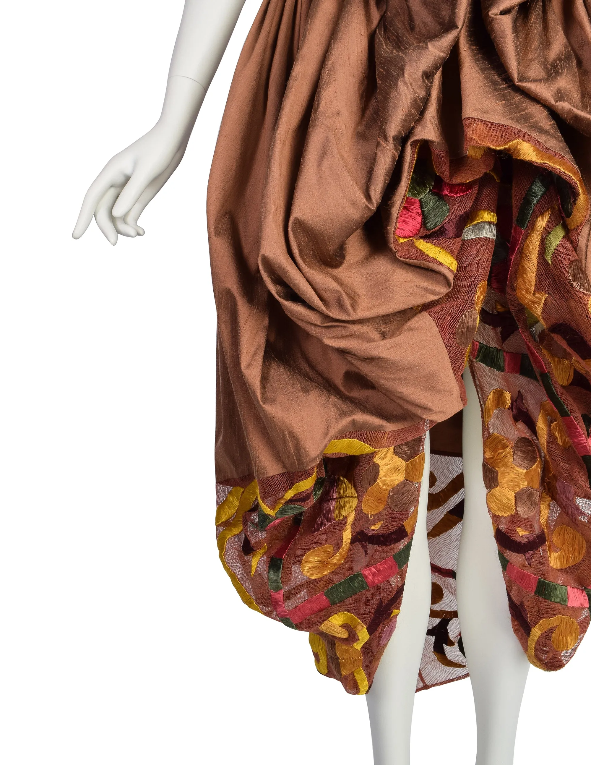 Romeo Gigli Vintage SS 1990 Important Bronze Silk Shantung Embroidered Floral Bubble Cocoon Skirt