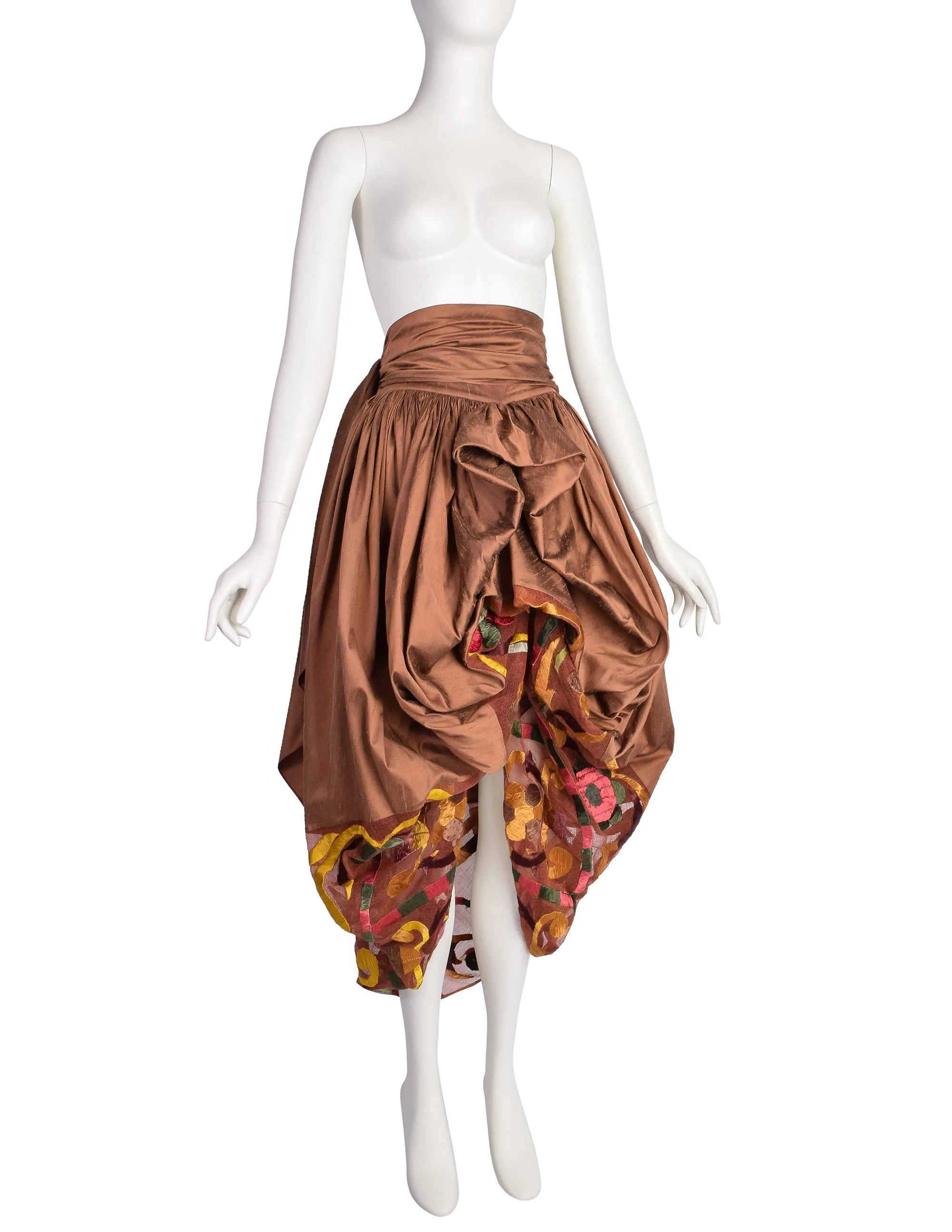 Romeo Gigli Vintage SS 1990 Important Bronze Silk Shantung Embroidered Floral Bubble Cocoon Skirt