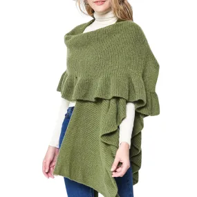 Ruffle Sleeve Knit Shawl - Olive Green