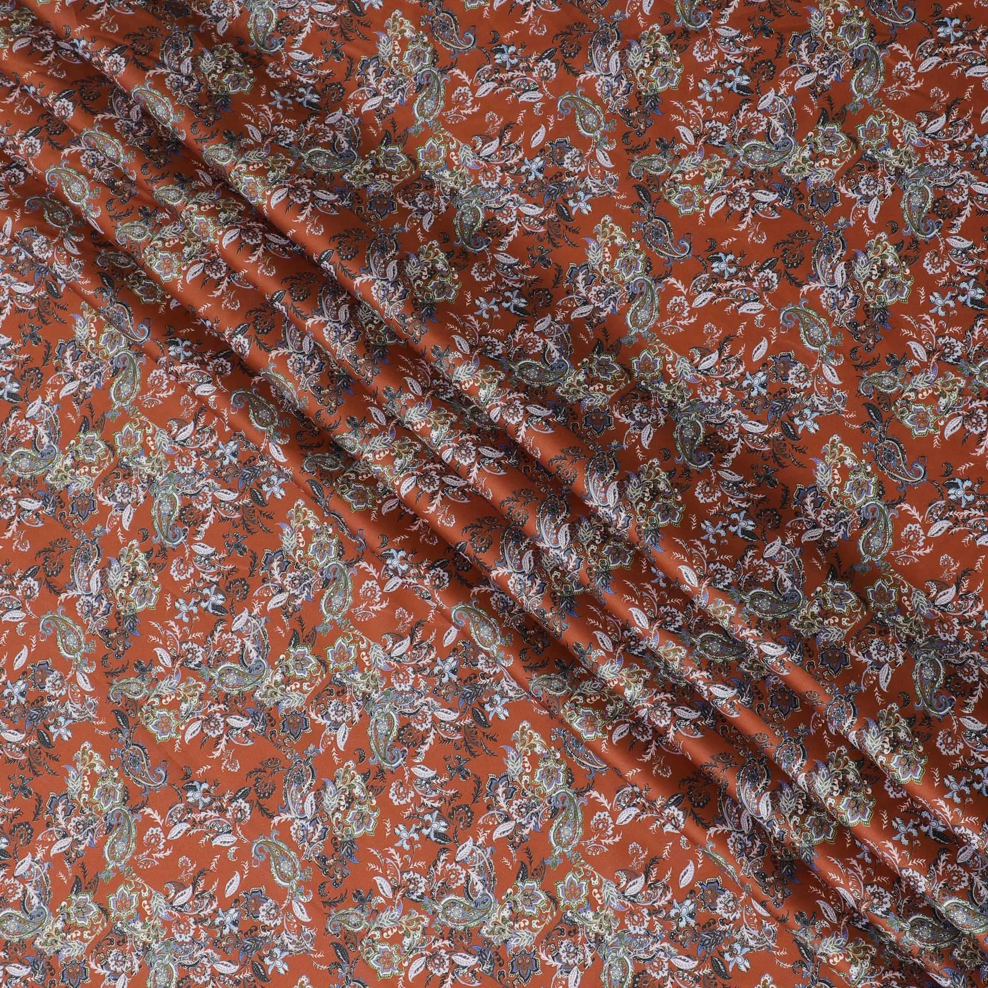 Rusty Brown Cotton Satin Fabric: Printed Opulence-D17593