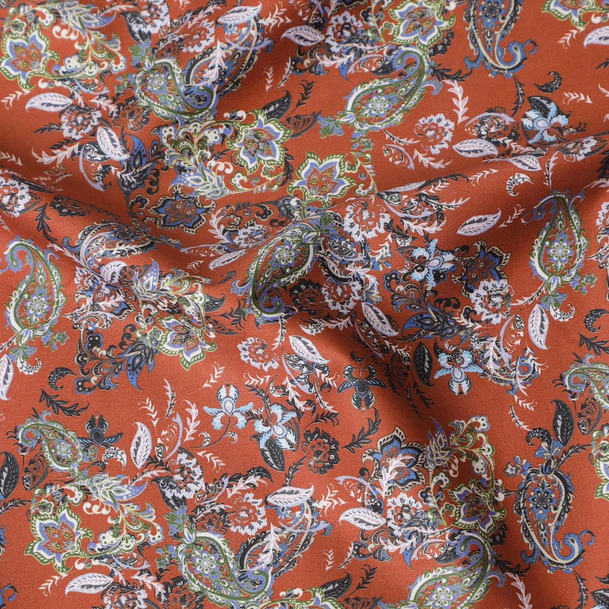 Rusty Brown Cotton Satin Fabric: Printed Opulence-D17593