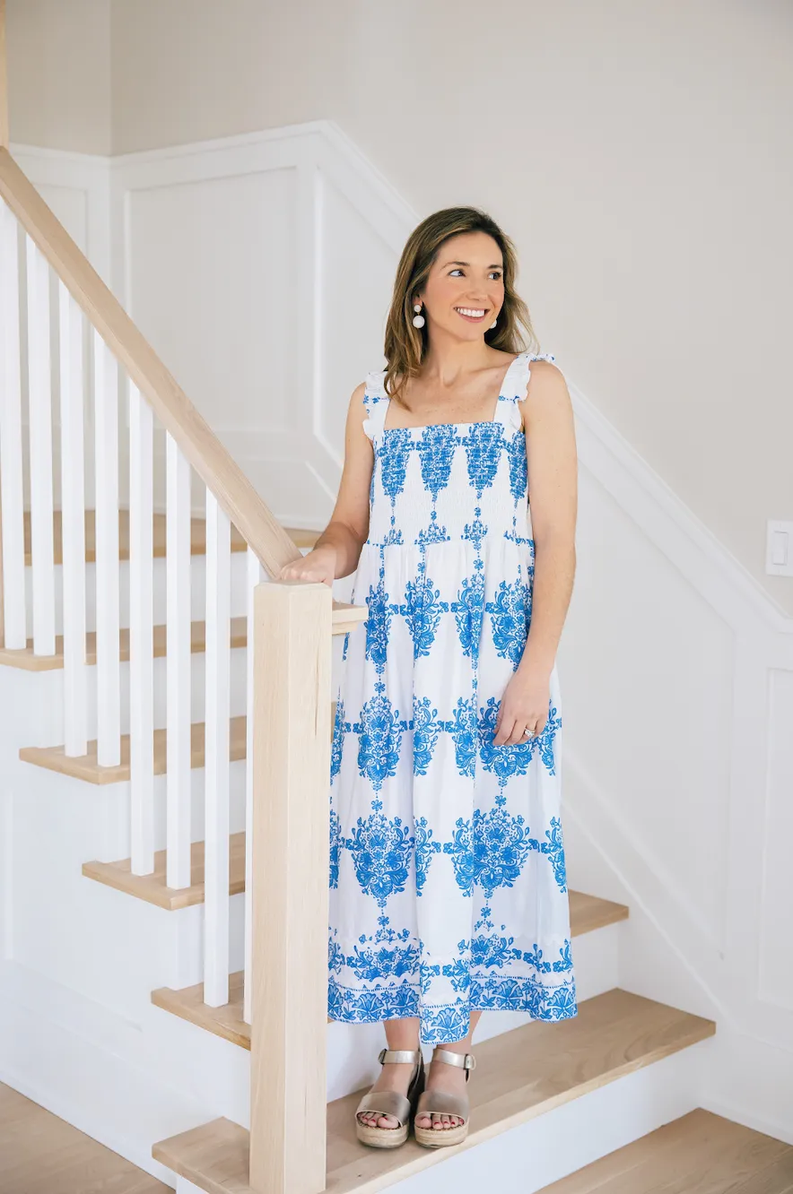 Sail to Sable Smocked Midi Dress - Block Print