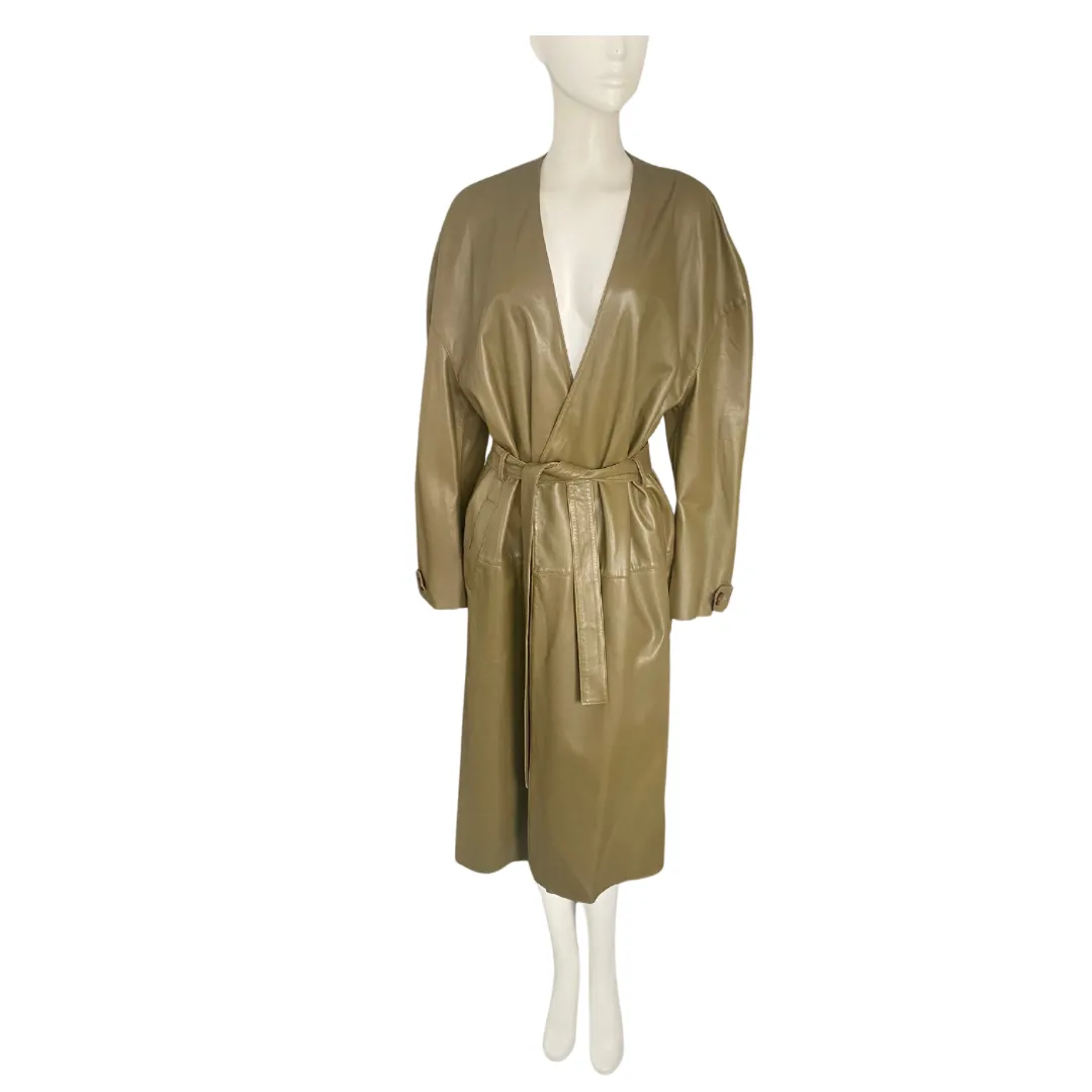 SANDRO Alan Oversized Leather Trench Coat Olive Green SIZE 12