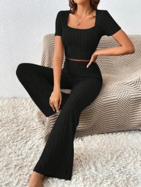 SHEIN Frenchy Solid Crop Tee & Flare Leg Pants