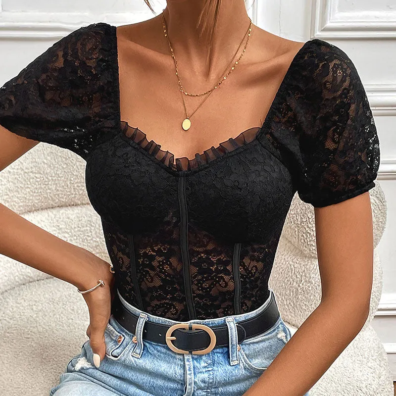 Short Sleeve Lace Sheer Bodysuit with Henley Necklin