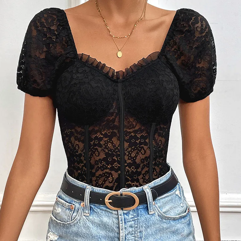 Short Sleeve Lace Sheer Bodysuit with Henley Necklin