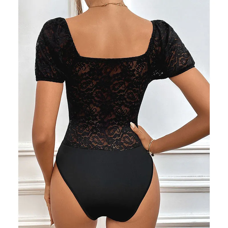 Short Sleeve Lace Sheer Bodysuit with Henley Necklin