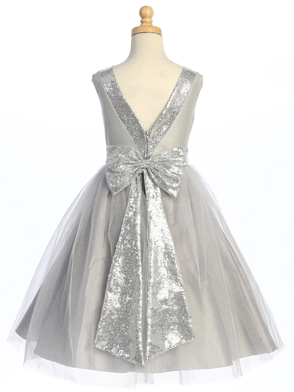 Silver Flower Girl Dress w/ shantung & sparkle tulle with sequins