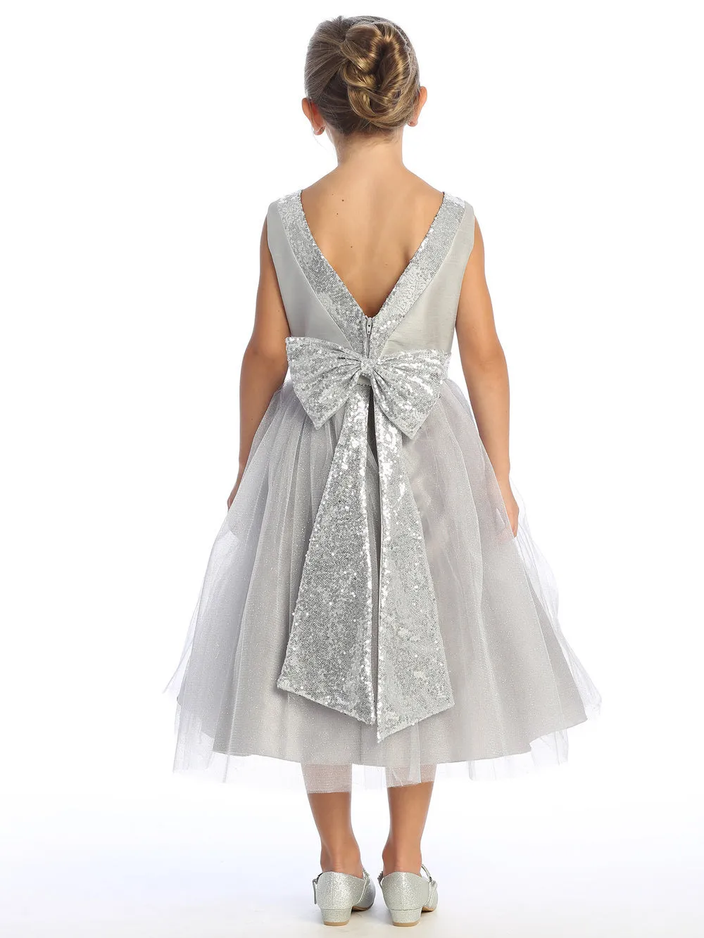 Silver Flower Girl Dress w/ shantung & sparkle tulle with sequins