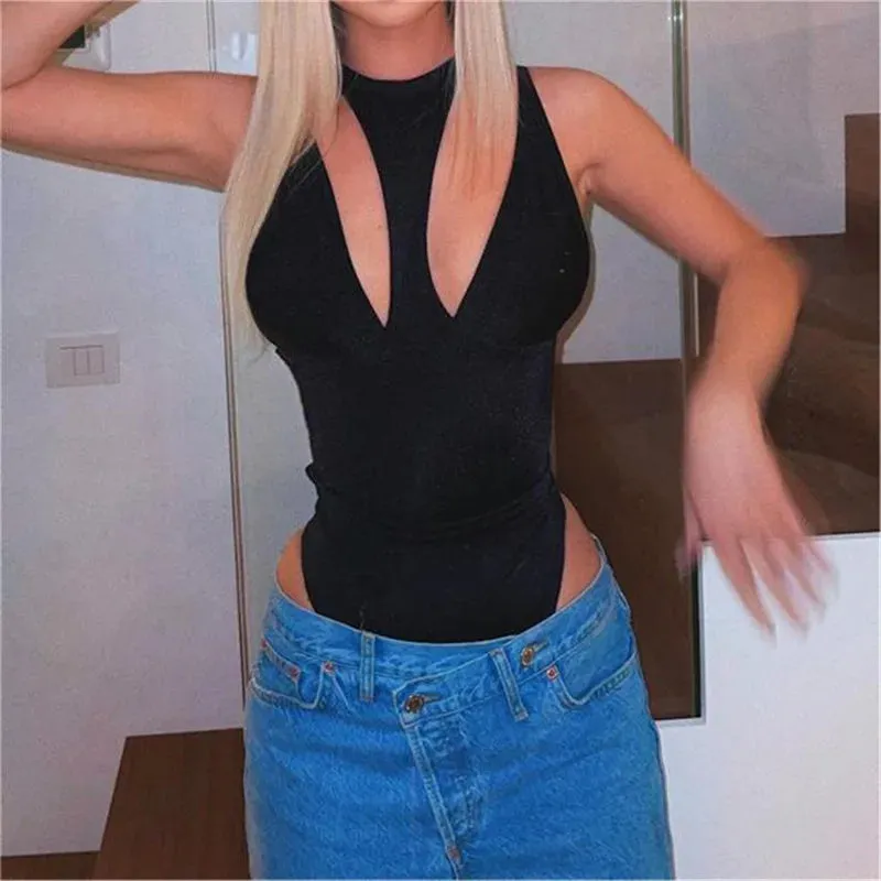 Sleeveless Hollow Out Solid O Neck Skinny Bodysuit