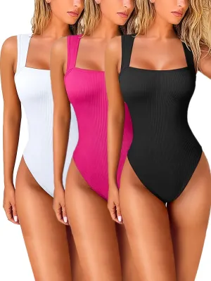 Solid Square Neck Bodysuit 3 Pack, Casual Sleeveless Slim Fit Bodysuit, Women's Clothing