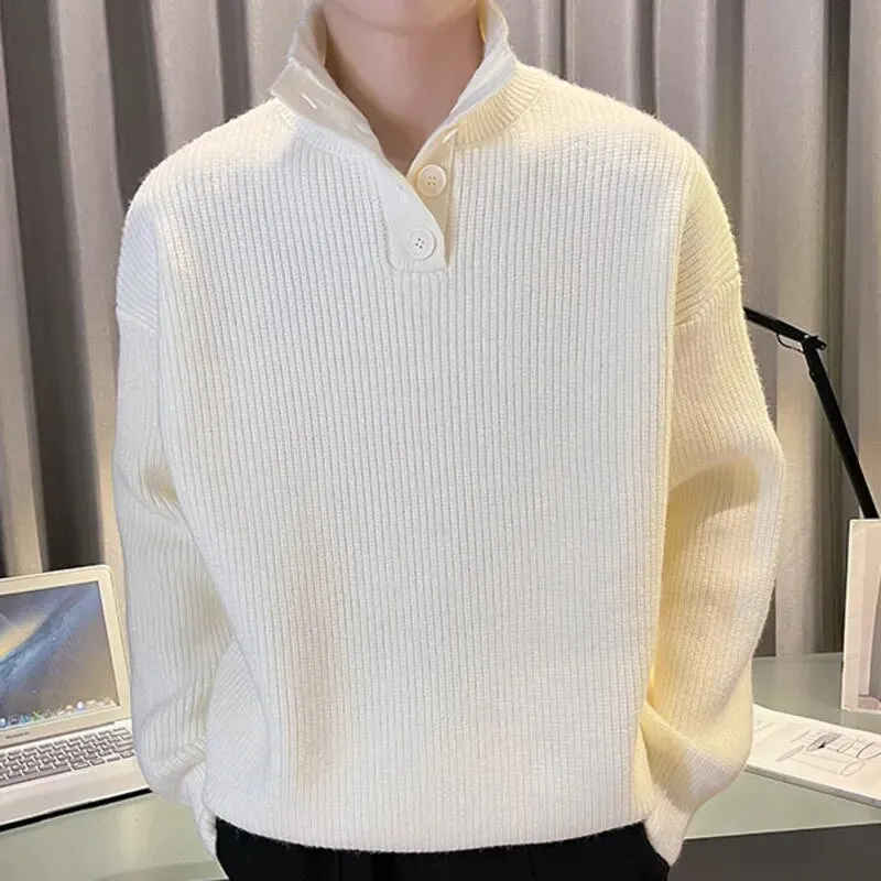 Solid Turtleneck Button Knitted Sweater