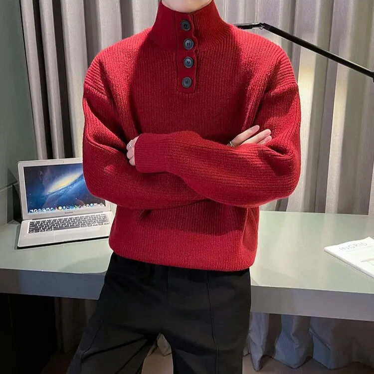 Solid Turtleneck Button Knitted Sweater