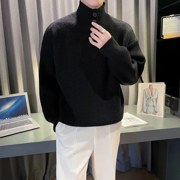 Solid Turtleneck Button Knitted Sweater