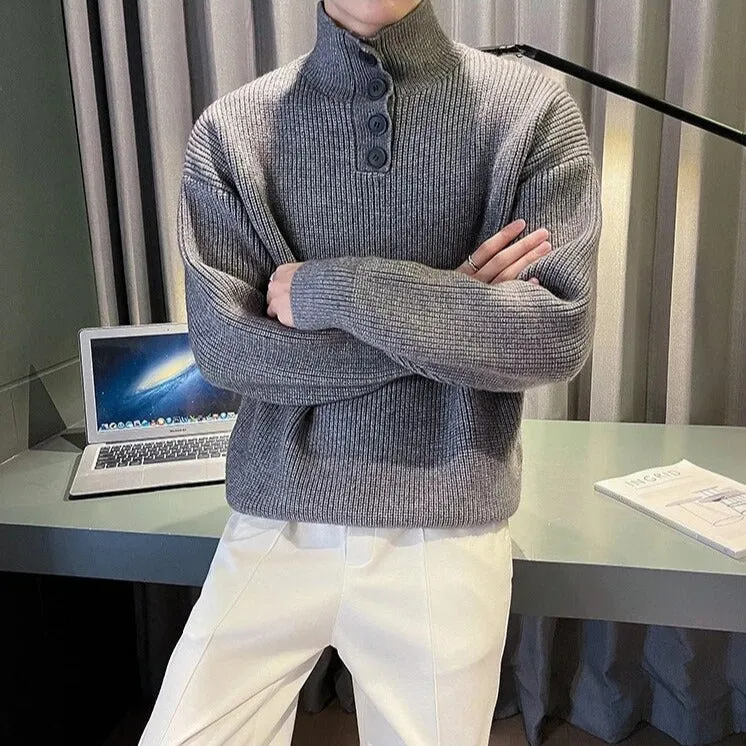 Solid Turtleneck Button Knitted Sweater