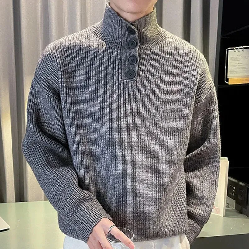 Solid Turtleneck Button Knitted Sweater