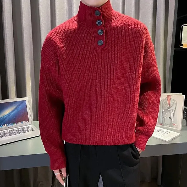 Solid Turtleneck Button Knitted Sweater