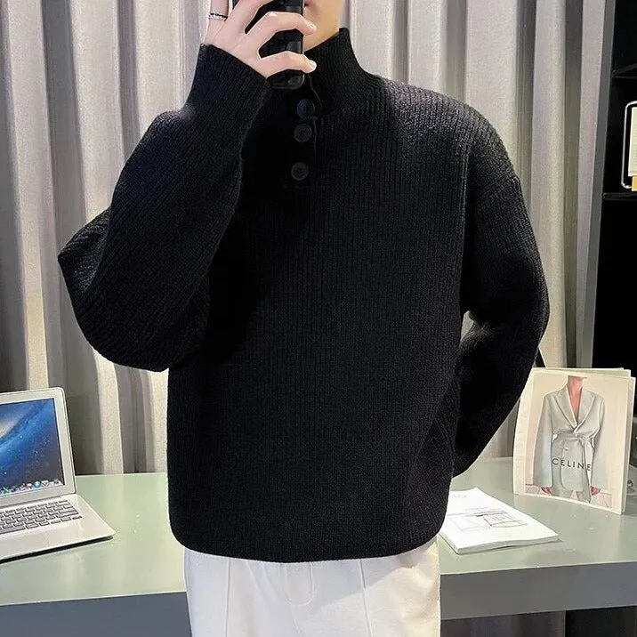 Solid Turtleneck Button Knitted Sweater