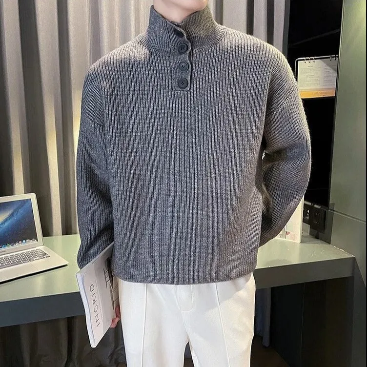 Solid Turtleneck Button Knitted Sweater