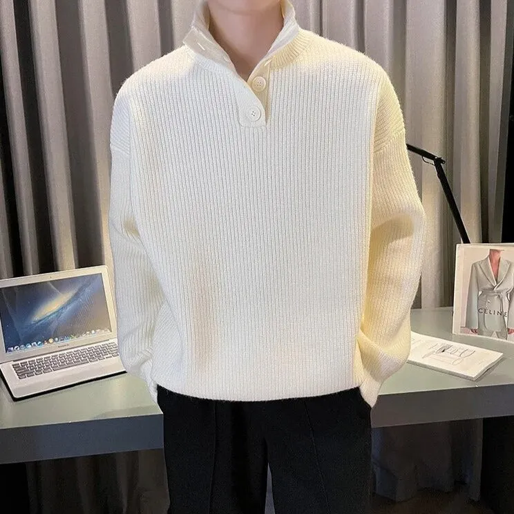 Solid Turtleneck Button Knitted Sweater