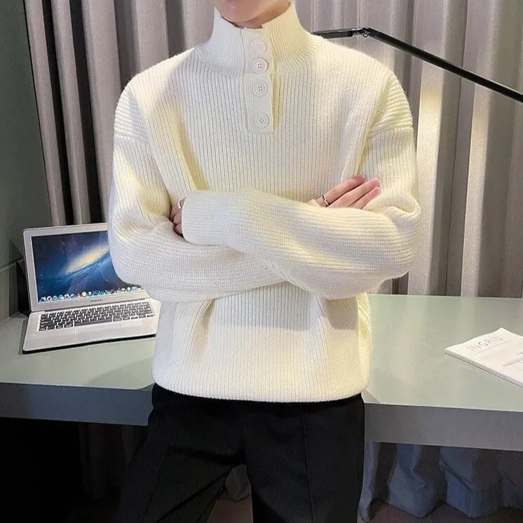 Solid Turtleneck Button Knitted Sweater