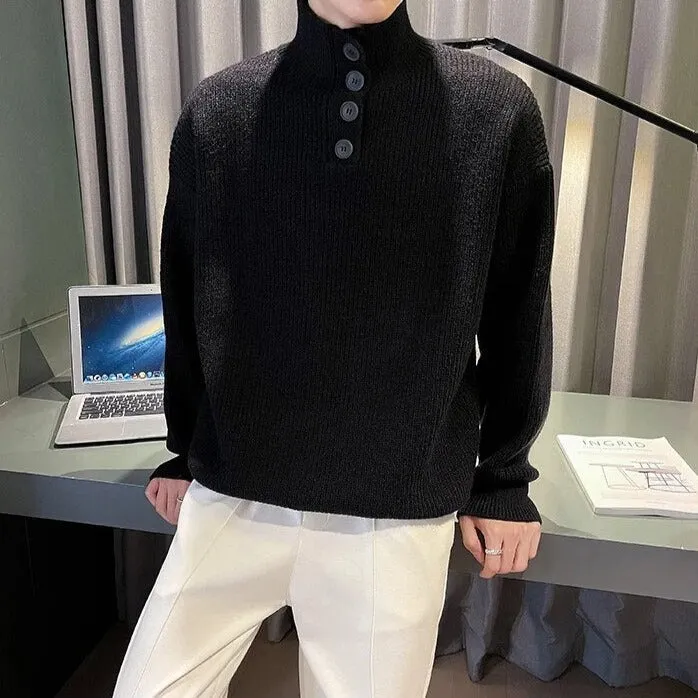 Solid Turtleneck Button Knitted Sweater