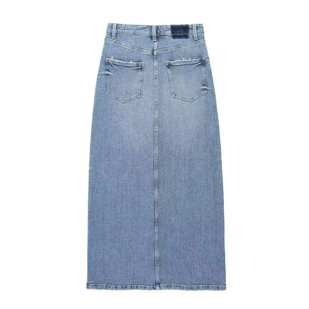 Spring Women Split A line Sheath Skirt Midi Skirt Denim Skirt