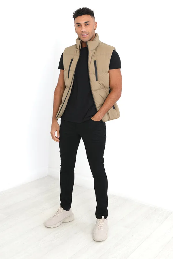 STONE ZIP THROUGH PADDED FUNNEL NECK GILET