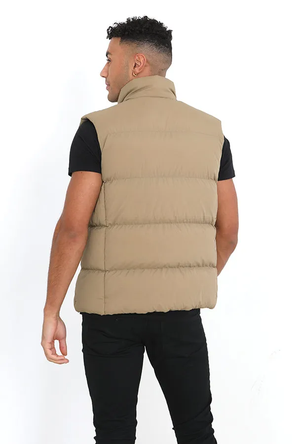 STONE ZIP THROUGH PADDED FUNNEL NECK GILET