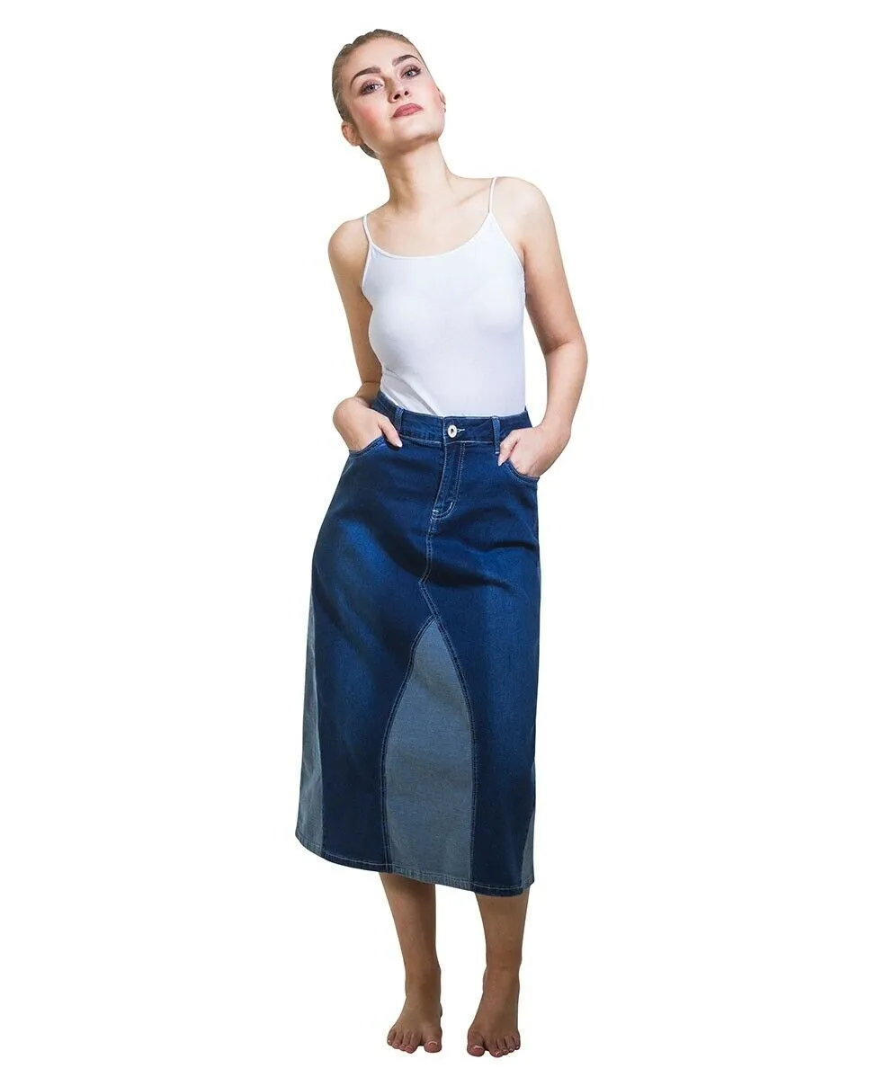 Stretch Denim Flared 2-Colour Panelled Midi Skirt