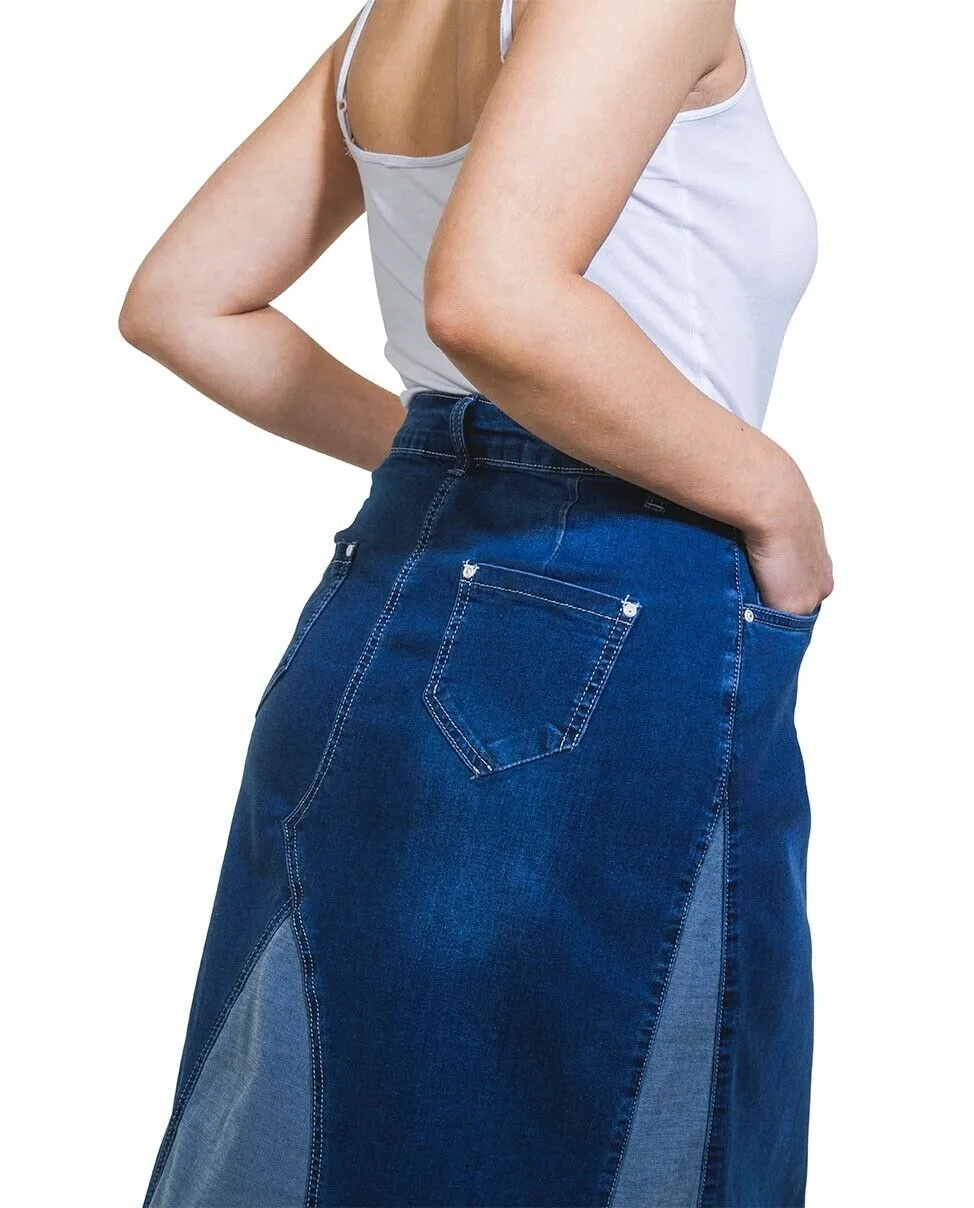 Stretch Denim Flared 2-Colour Panelled Midi Skirt