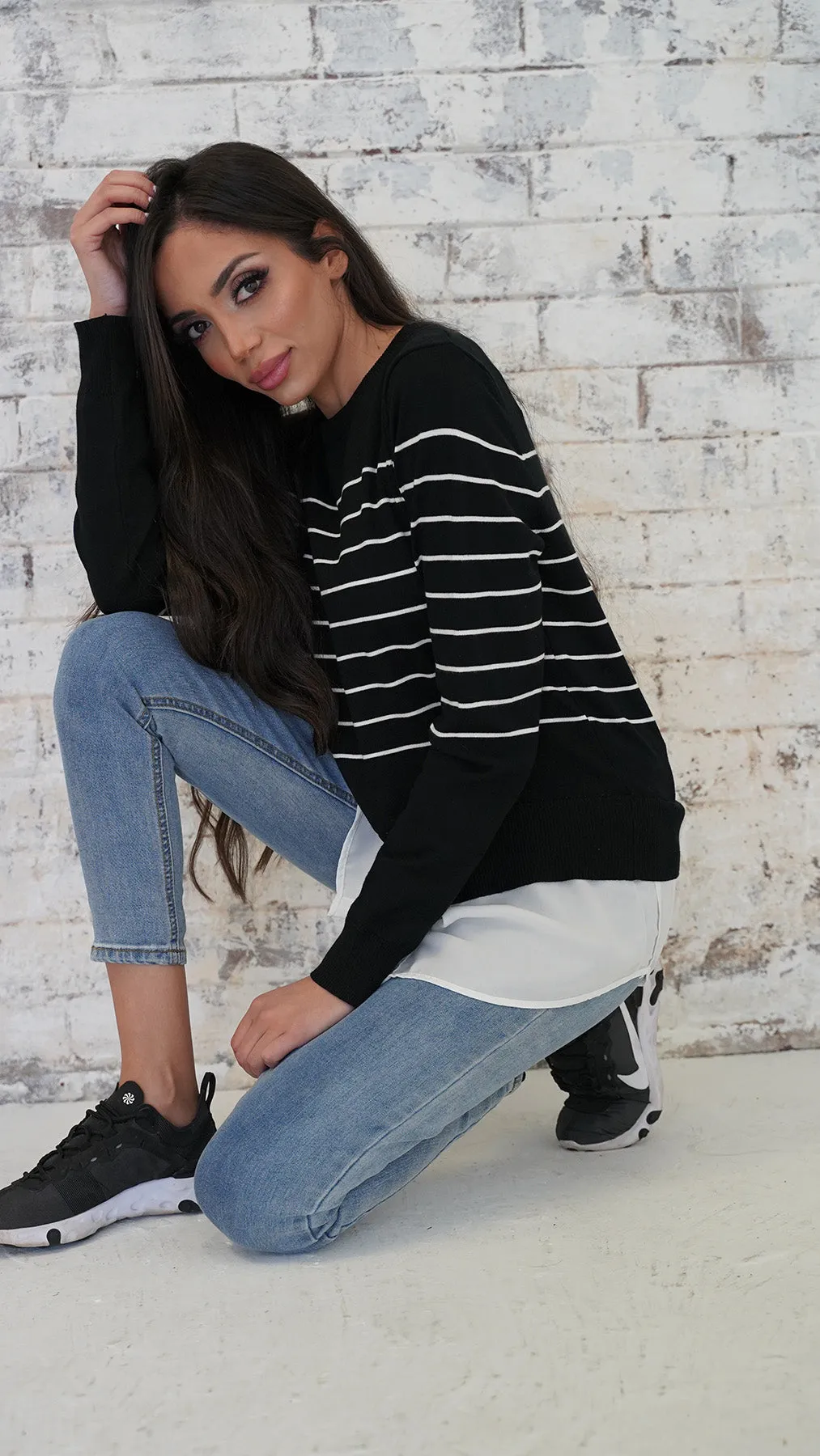 Stripe Knit Chiffon Shirt Jumper