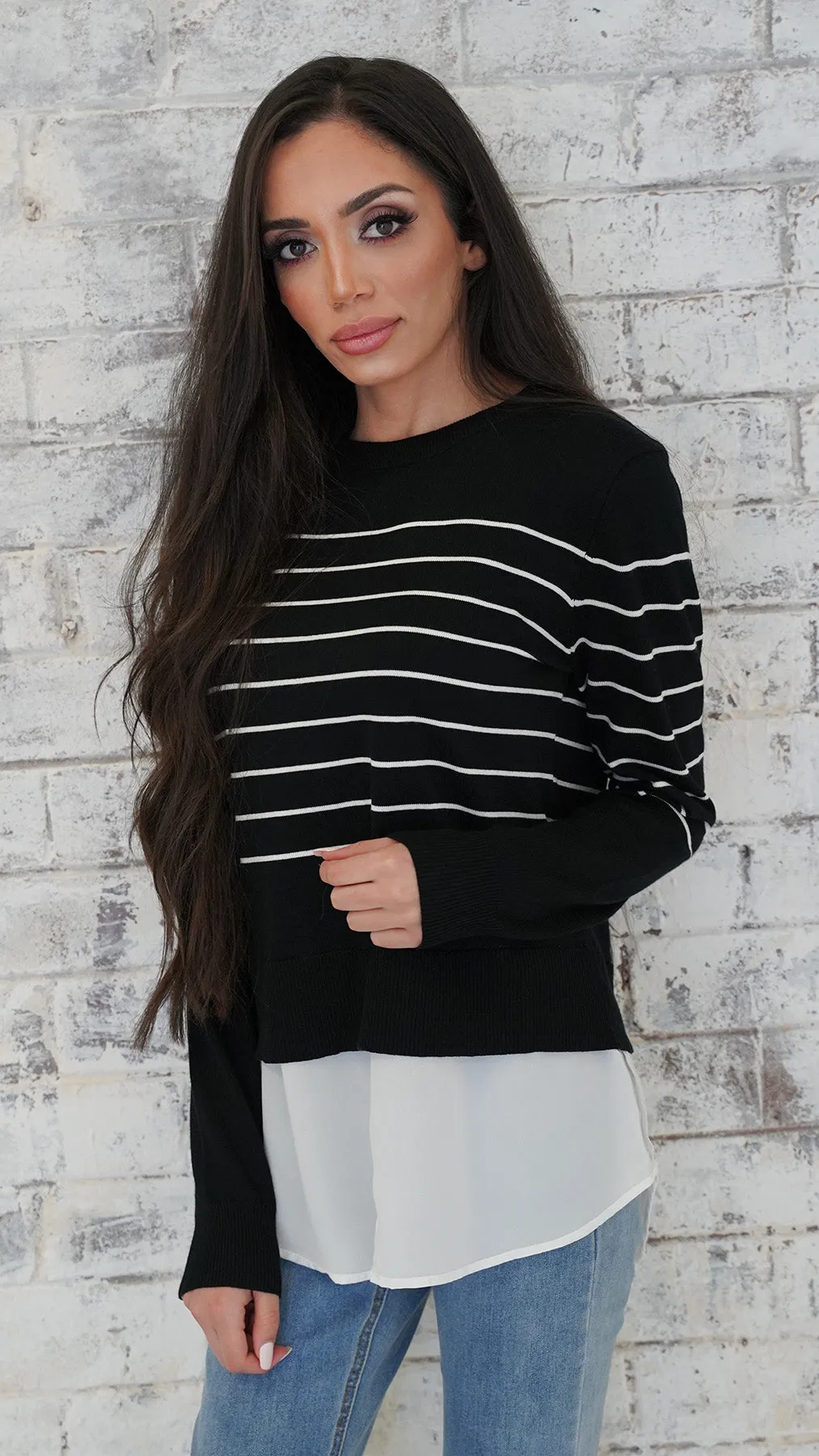 Stripe Knit Chiffon Shirt Jumper