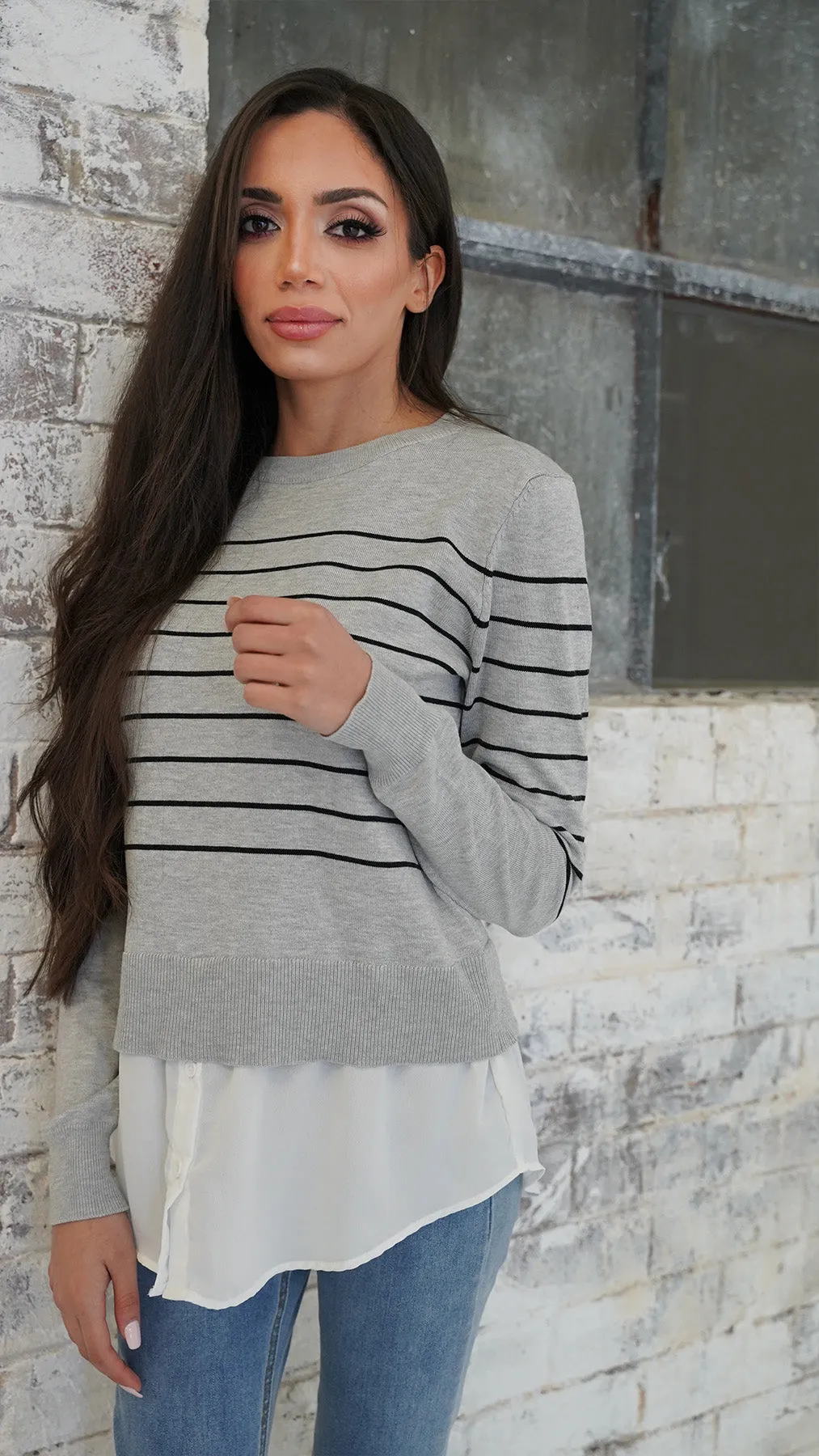 Stripe Knit Chiffon Shirt Jumper