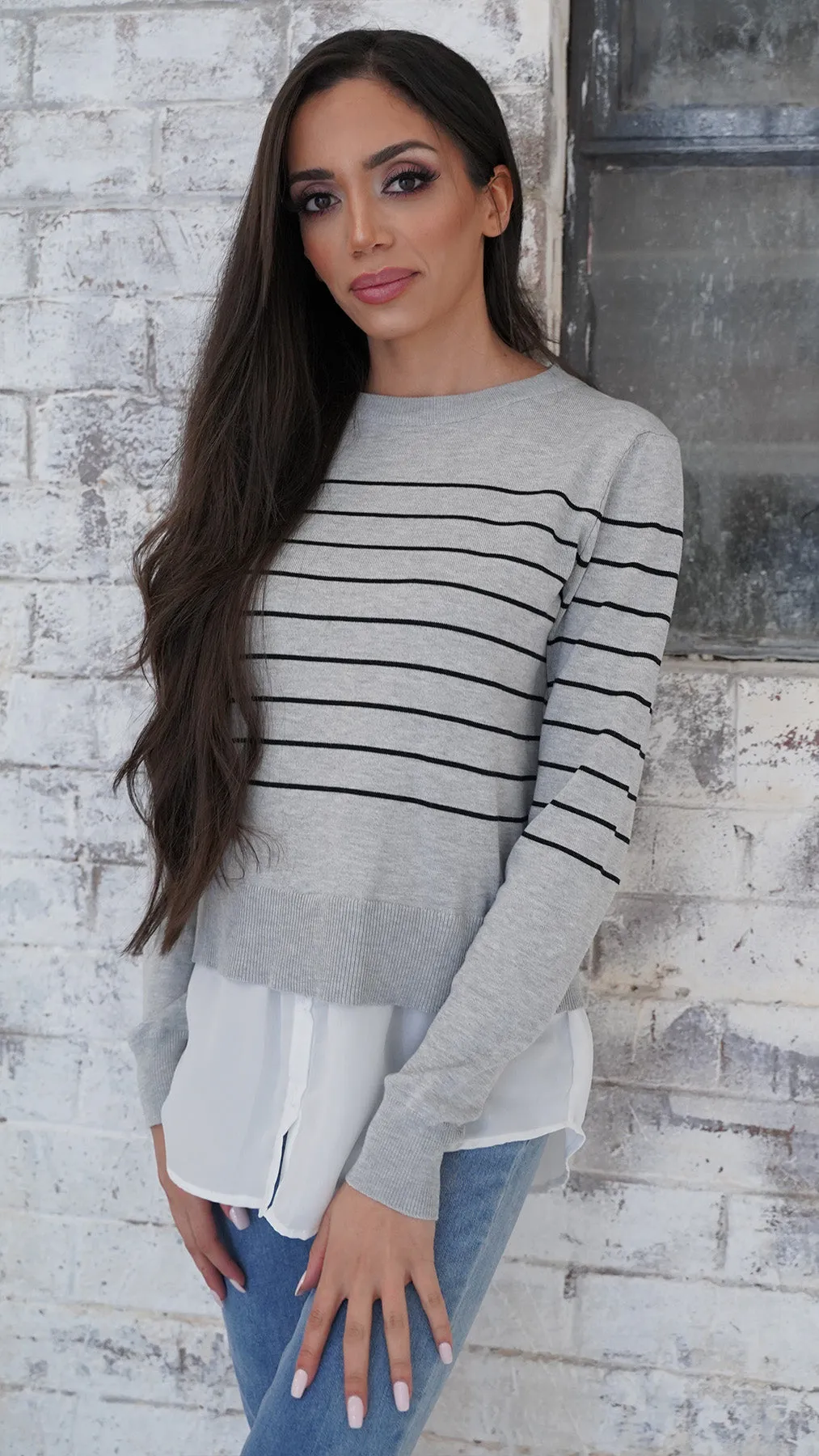 Stripe Knit Chiffon Shirt Jumper