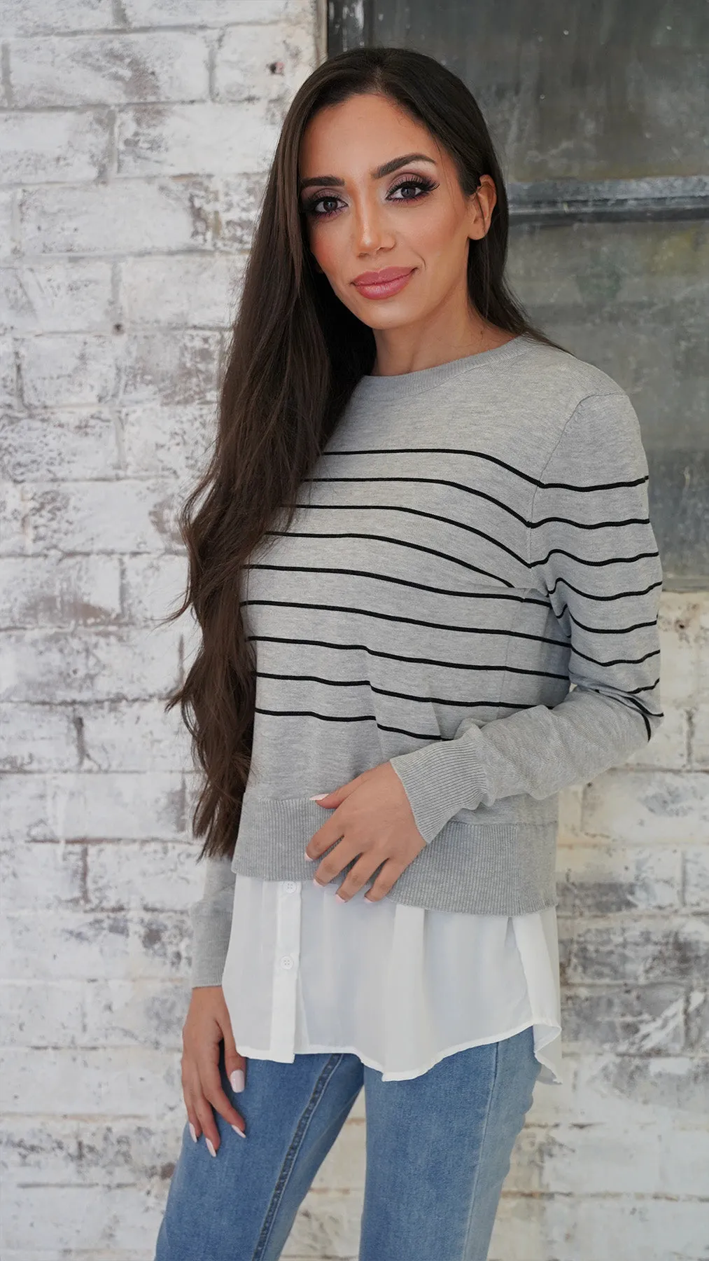 Stripe Knit Chiffon Shirt Jumper