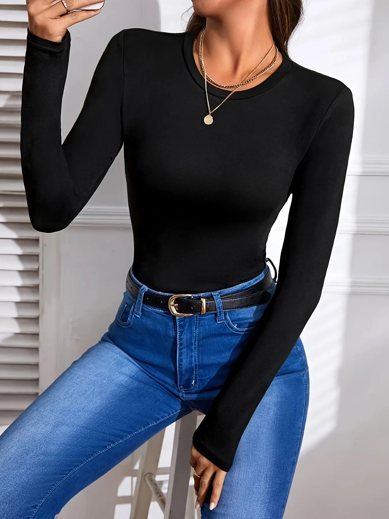 Stylish Womens Slim Fit Long Sleeve Bodysuit  Solid Crew Neck