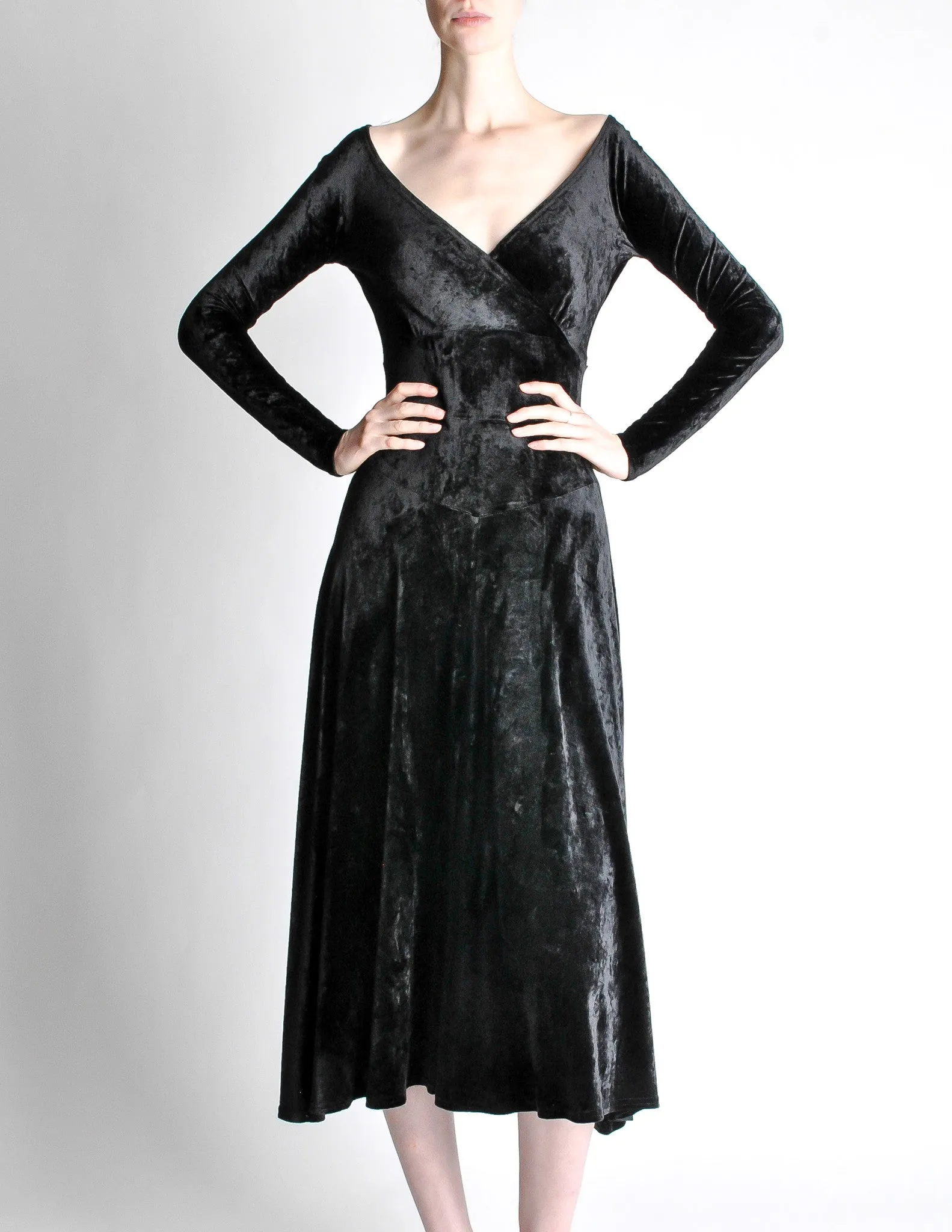 Tadashi Vintage Black Crushed Velvet Midi Dress