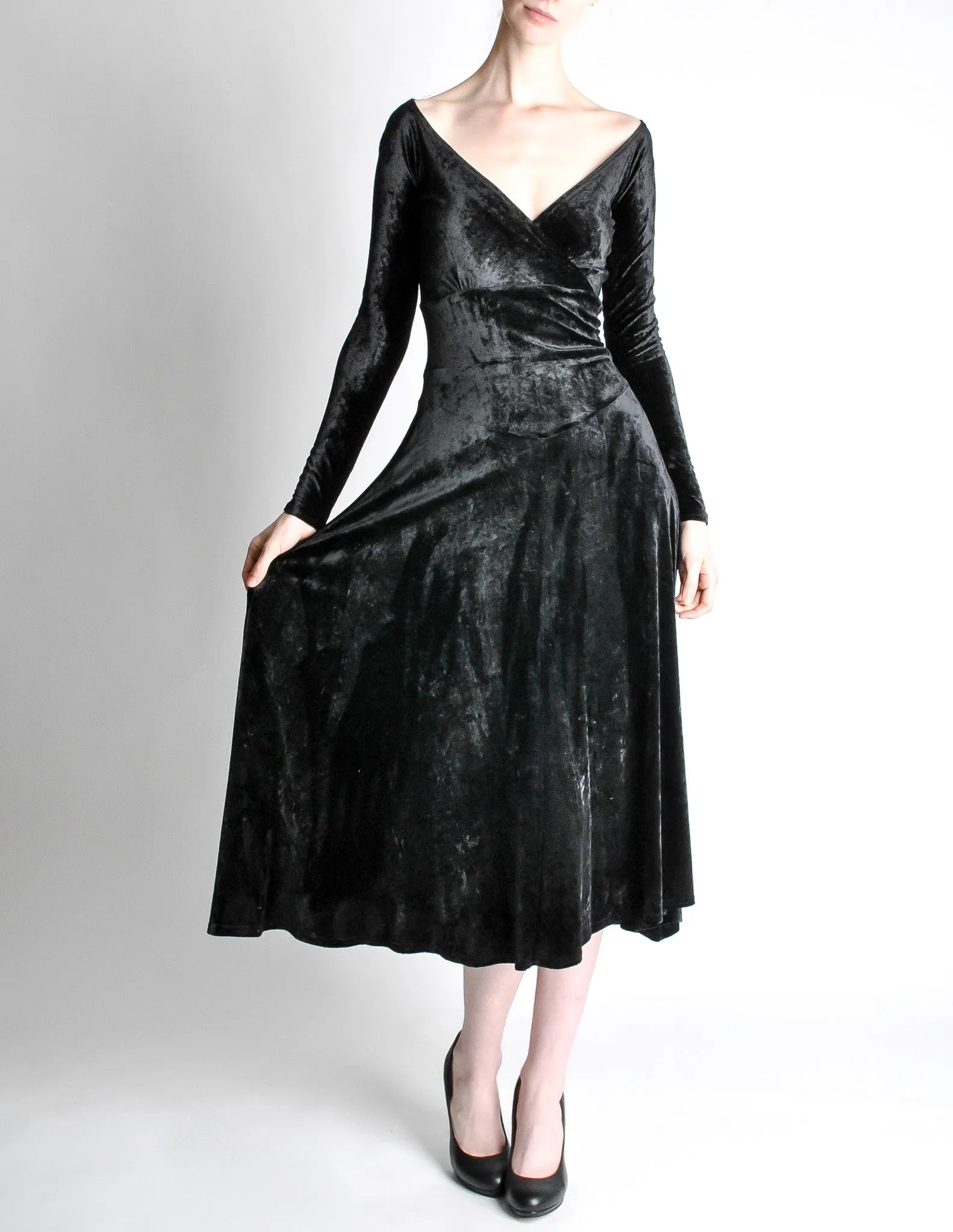 Tadashi Vintage Black Crushed Velvet Midi Dress