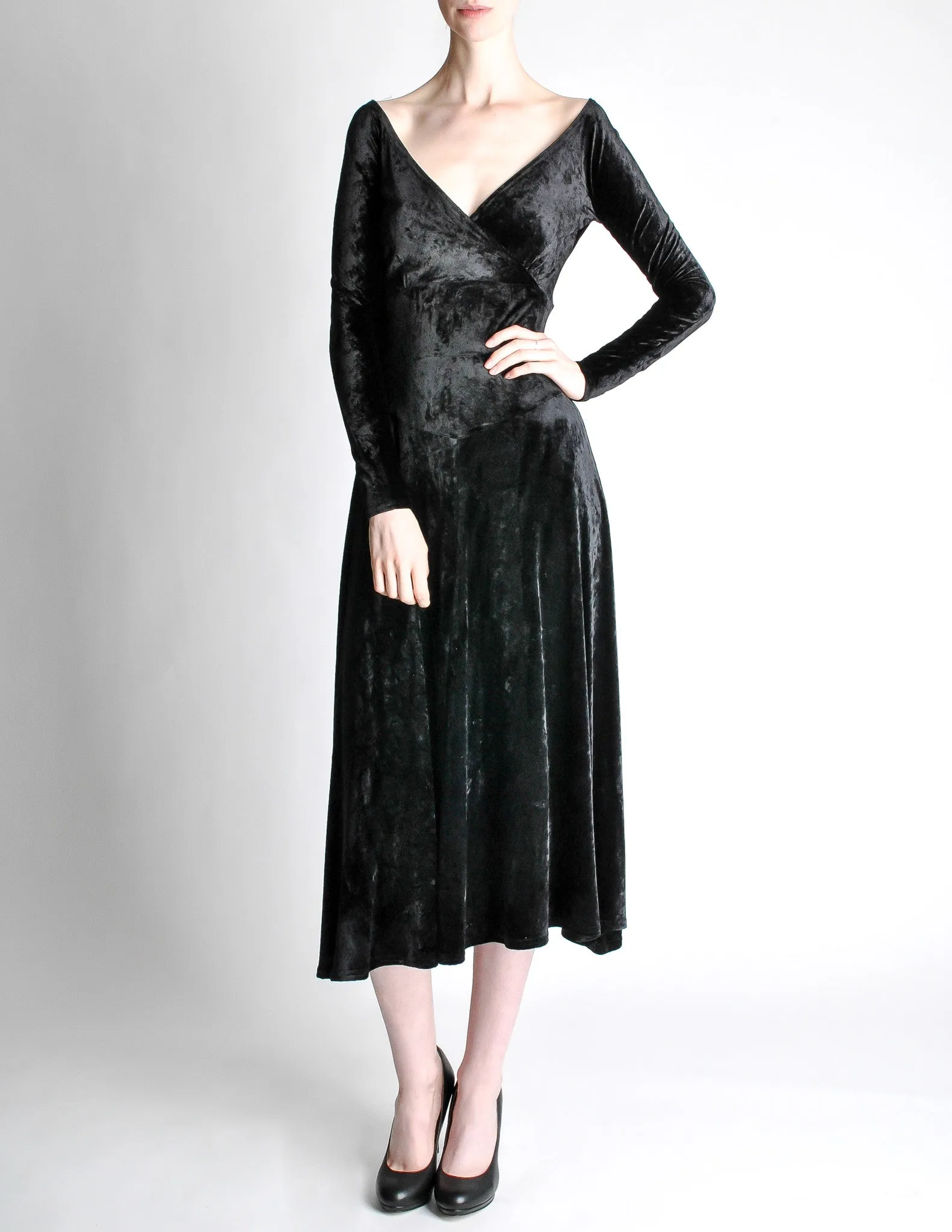 Tadashi Vintage Black Crushed Velvet Midi Dress