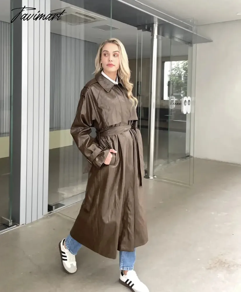 Tavimart Autumn New design Runway Designer Leather Maxi Long Trench Coat With Belt Chic Female PU Windbreaker Classic