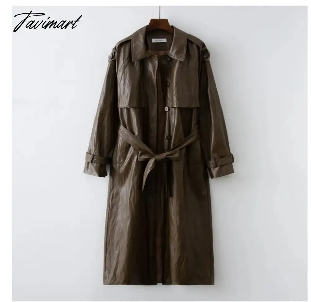 Tavimart Autumn New design Runway Designer Leather Maxi Long Trench Coat With Belt Chic Female PU Windbreaker Classic