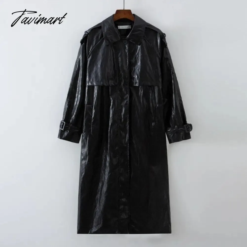 Tavimart Autumn New design Runway Designer Leather Maxi Long Trench Coat With Belt Chic Female PU Windbreaker Classic