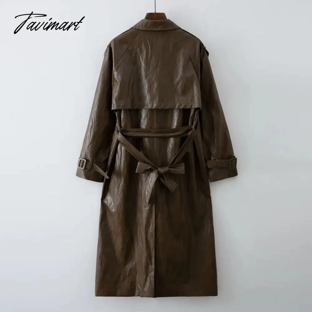 Tavimart Autumn New design Runway Designer Leather Maxi Long Trench Coat With Belt Chic Female PU Windbreaker Classic