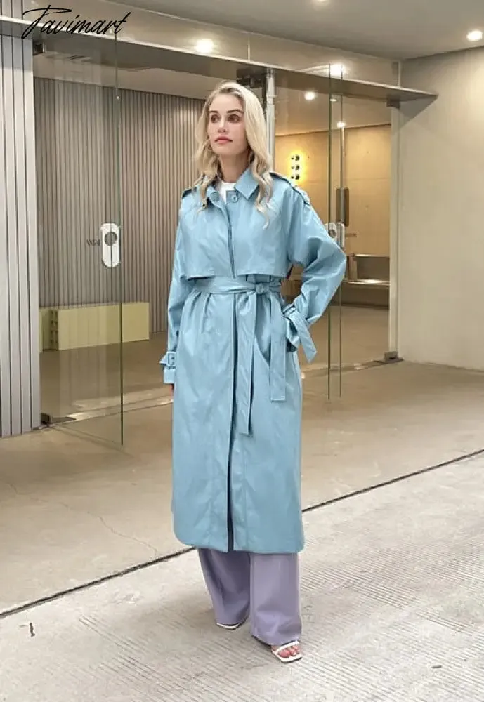 Tavimart Autumn New design Runway Designer Leather Maxi Long Trench Coat With Belt Chic Female PU Windbreaker Classic