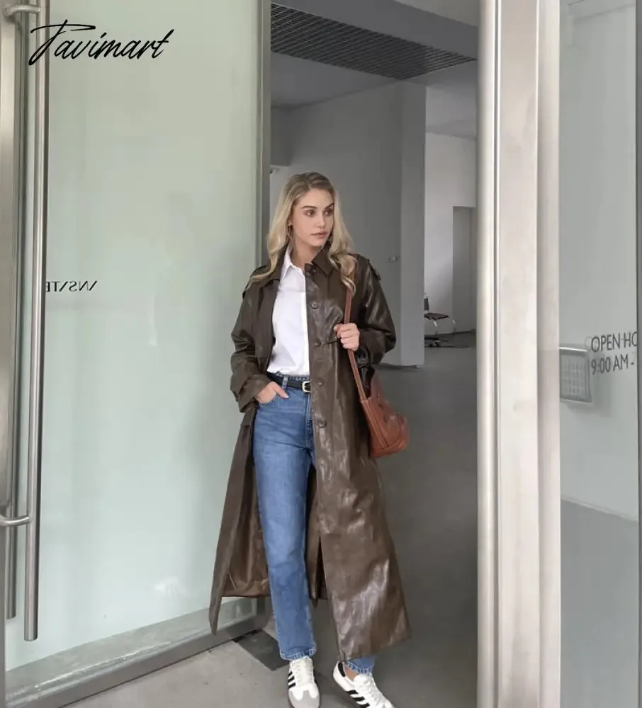 Tavimart Autumn New design Runway Designer Leather Maxi Long Trench Coat With Belt Chic Female PU Windbreaker Classic