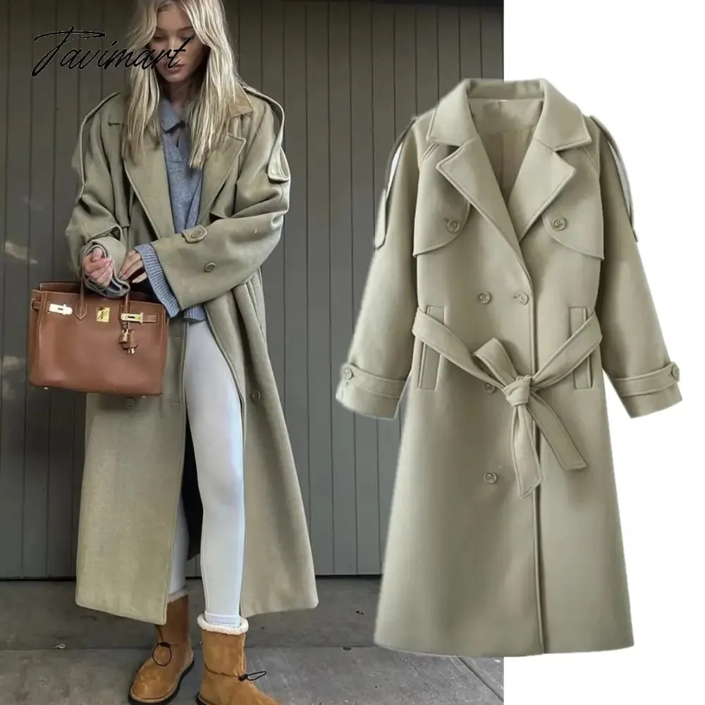 Tavimart Ins Fashion Trench Coat Overcoat Women Blogger Vintage Loose Ligh Green Long Jacket