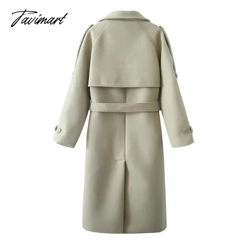 Tavimart Ins Fashion Trench Coat Overcoat Women Blogger Vintage Loose Ligh Green Long Jacket