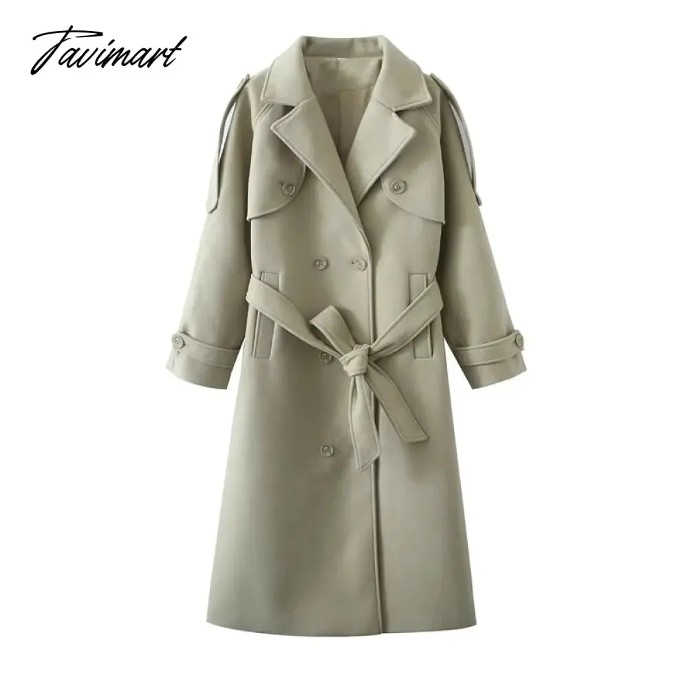 Tavimart Ins Fashion Trench Coat Overcoat Women Blogger Vintage Loose Ligh Green Long Jacket